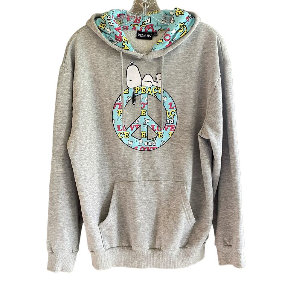 PEANUTS M Snoopy Peace Sign Hoody Heathered Gray Pouch Pocket Woodstock Pullover